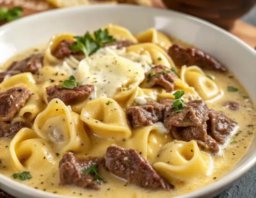 Cheesesteak Tortellini in Rich Provolone Sauce 