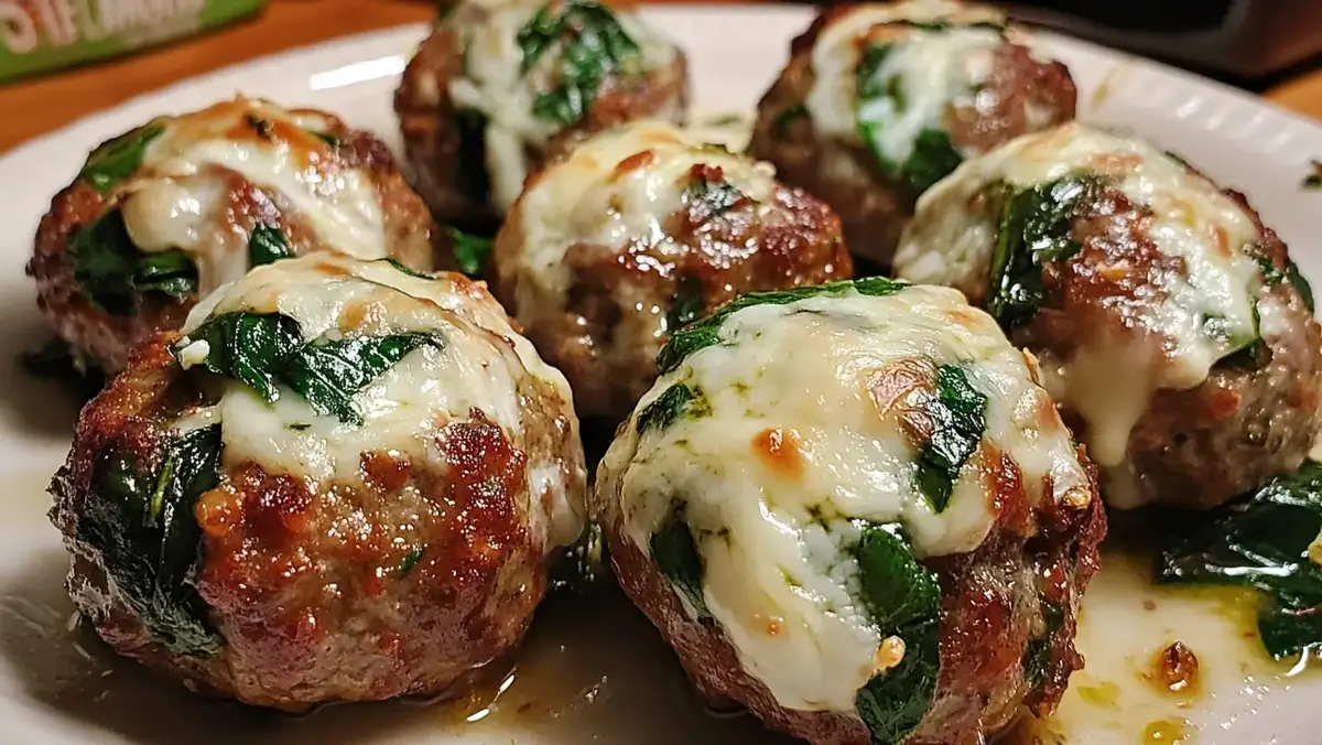 spinach garlic meatballs stuffed with mozzarella