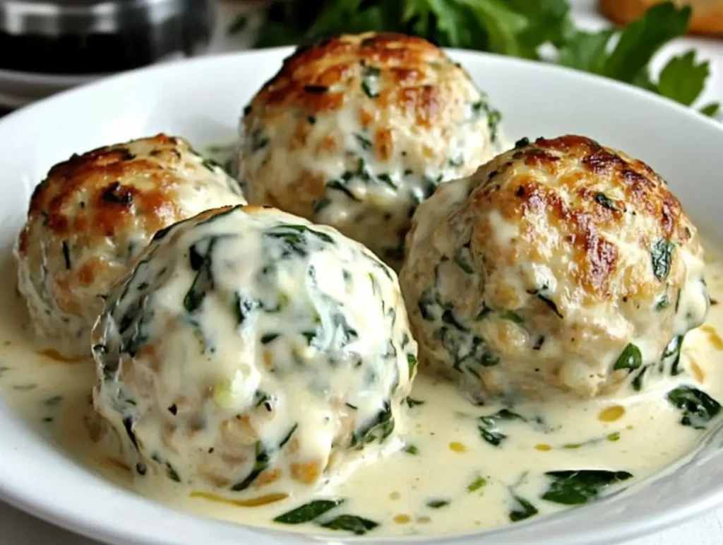 chicken ricotta meatballs with spinach alfredo sauce